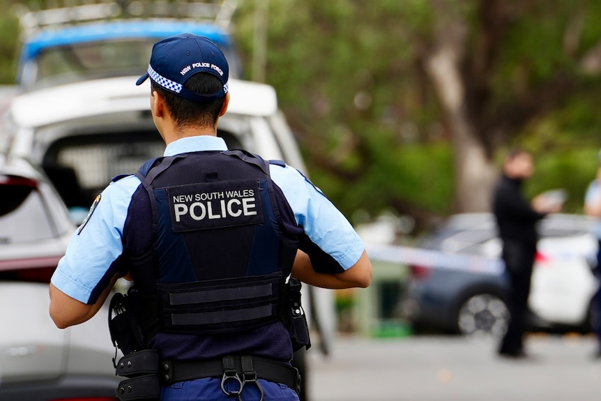 Backs of police officer wearing hat on street with police vehicles on road