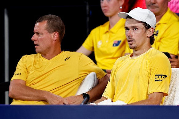 Lleyton Hewitt and de Minaur at the United Cup earlier this month.
