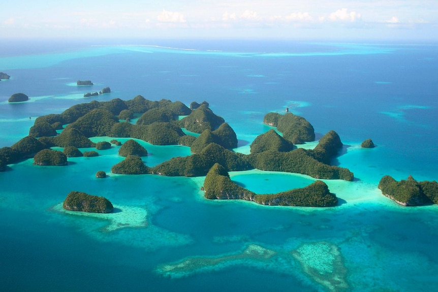 An aerial shot of an archipelago in Palau. 
