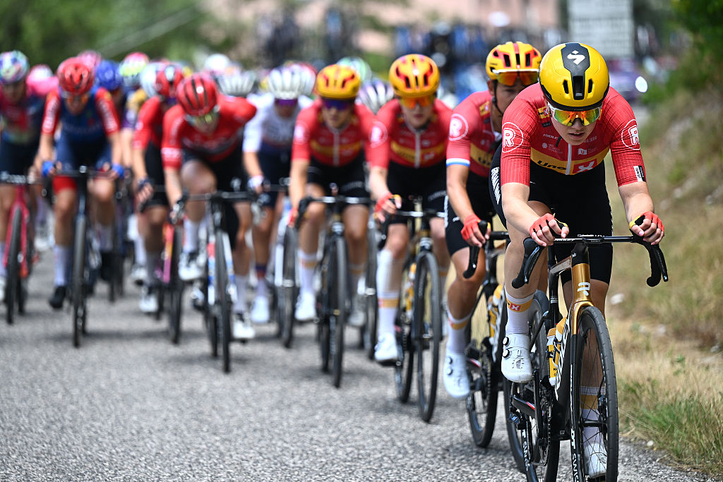 MONTE NERONE, ITALY - JULY 12: Kamilla Aasebo of Norway and Team Uno-X Mobility competes during the 36th Giro d&amp;apos;Italia Women 2025, Stage 7 a 150km stage from Fermignano to Monte Nerone 1396m / #UCIWWT / on July 12, 2025 in Monte Nerone, Italy. (Photo by Luc Claessen/Getty Images)