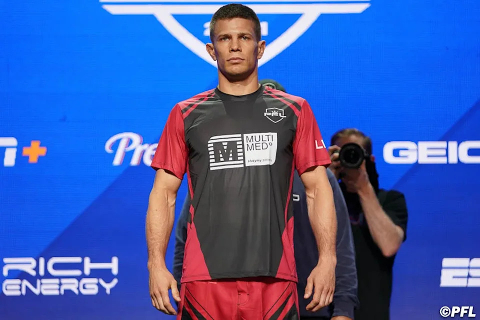 ATLANTIC CITY, NJ - JUNE 09: Marcin Held steps onto the scale during the PFL 4 weigh-ins at Ocean Casino Resort on June 9, in Atlantic City, New Jersey. (Photo by Cooper Neill)