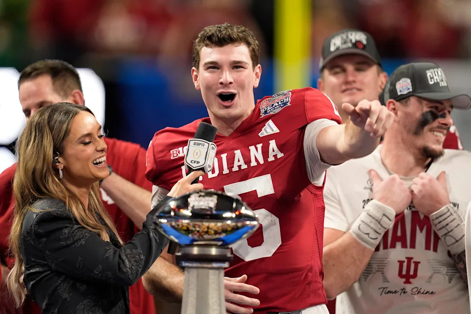 Jan 9, 2026; Atlanta, GA, USA; Indiana Hoosiers quarterback Fernando Mendoza (15) reacts after the 2025 Peach Bowl and semifinal game of the College Football Playoff at Mercedes-Benz Stadium. Mandatory Credit: Dale Zanine-Imagn Images