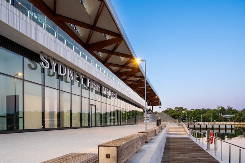The exterior building and signage for Sydney Fish Market.