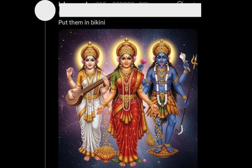 A screenshot of an X user prompting Grok to undress Hindu godesses.