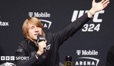 Split image of Arnold Allen speaking at a news conference and Jean Silva barking