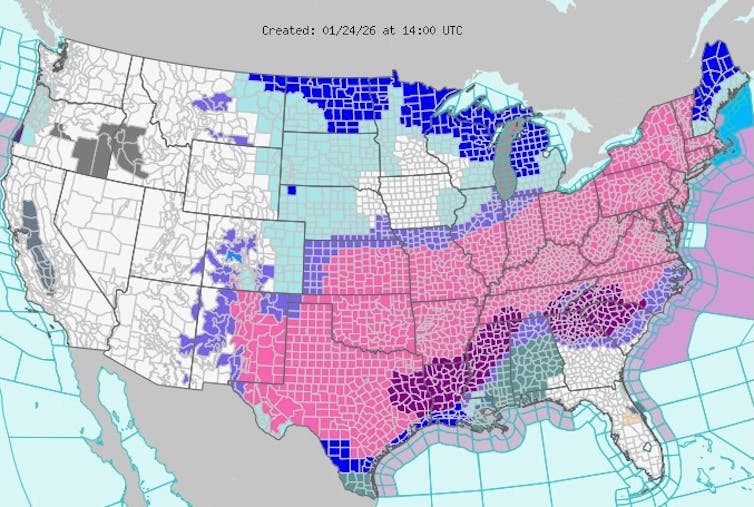 A map of storm warnings on Jan. 24, 2026.