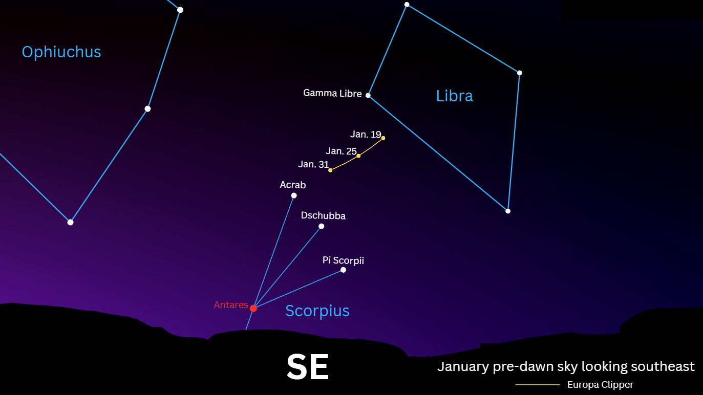 A simulation of the night sky showing the constellations Libra, Scorpius and Ophiuchus above the southeastern horizon.