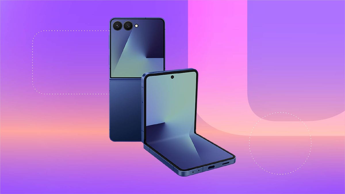 A blue Samsung flip phone against a purple gradient CNET background.