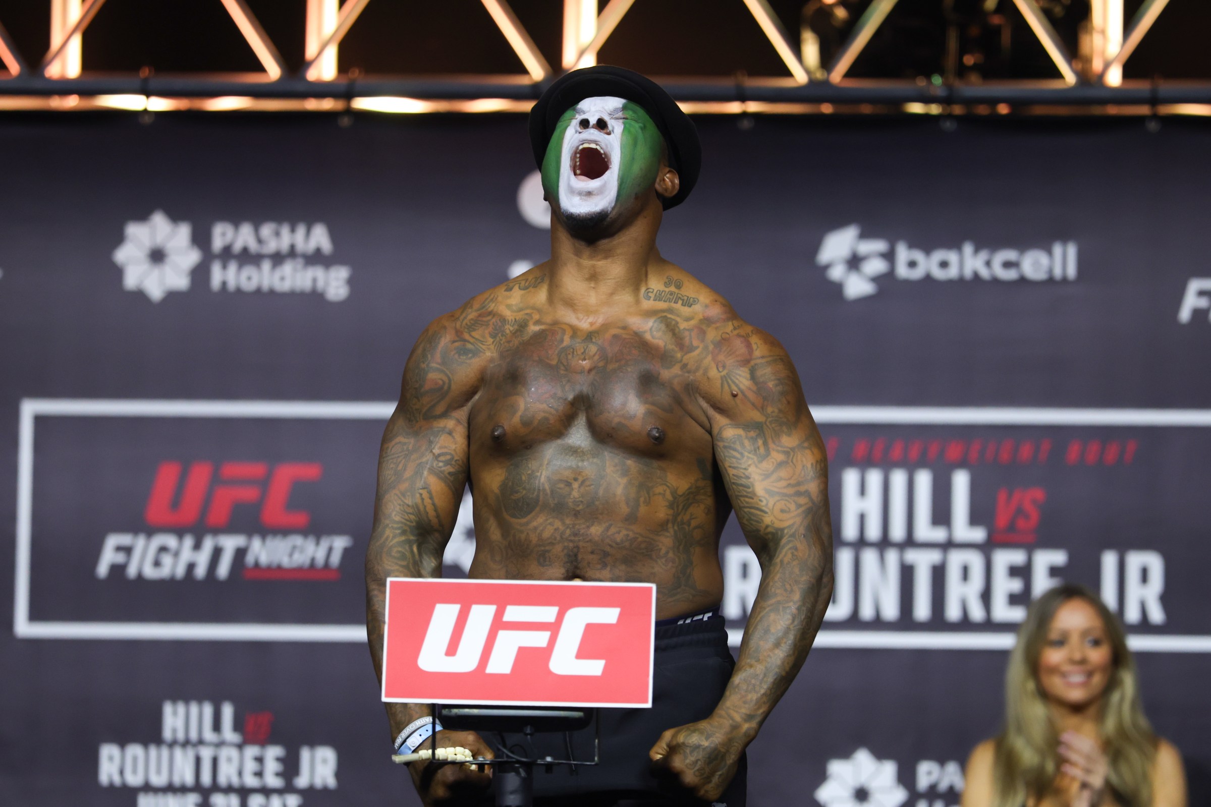 BAKU, AZERBAIJAN - JUNE 20: Mohammed Usman of Nigeria poses on the scale during the UFC Fight Night ceremonial weigh-ins at Baku Crystal Hall on June 20, 2025 in Baku, Azerbaijan. (Photo by Ed Mulholland/Zuffa LLC)
