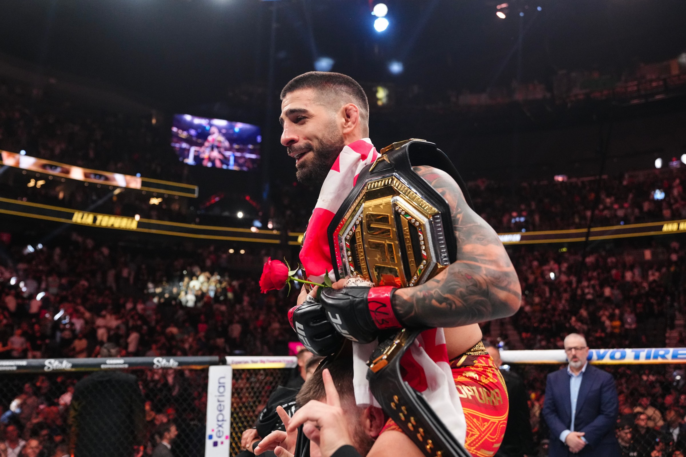 LAS VEGAS, NEVADA - JUNE 28: Ilia Topuria of Spain reacts to his win over Charles Oliveira of Brazil in the UFC lightweight championship bout during the UFC 317 event at T-Mobile Arena on June 28, 2025 in Las Vegas, Nevada. (Photo by Jeff Bottari/Zuffa LLC)