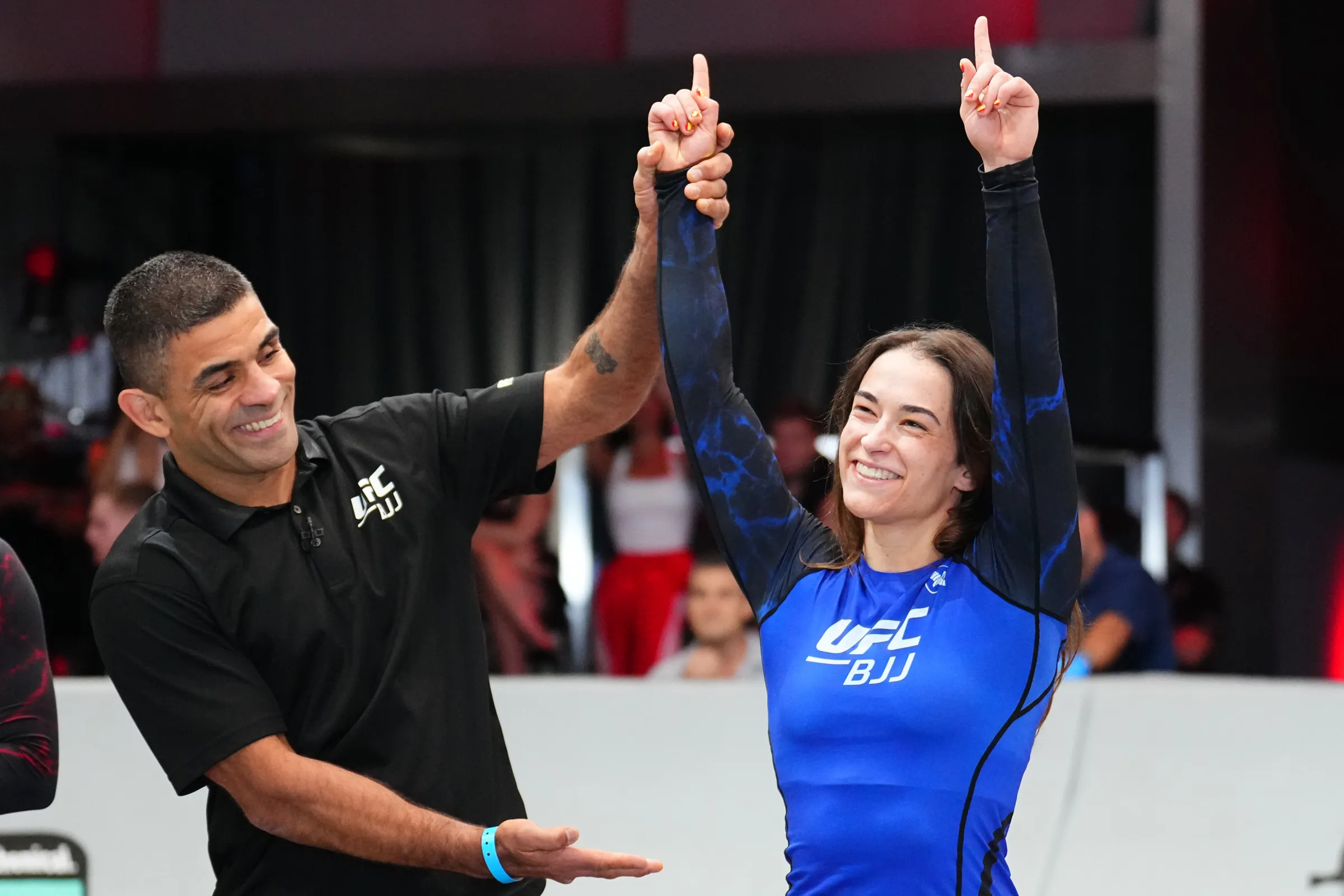 LAS VEGAS, NEVADA - OCTOBER 02: Ana Mayordomo reacts after a submission victory against Shye Lilly in a 125-pound match during the UFC BJJ 3 event at UFC APEX on October 02, 2025 in Las Vegas, Nevada.