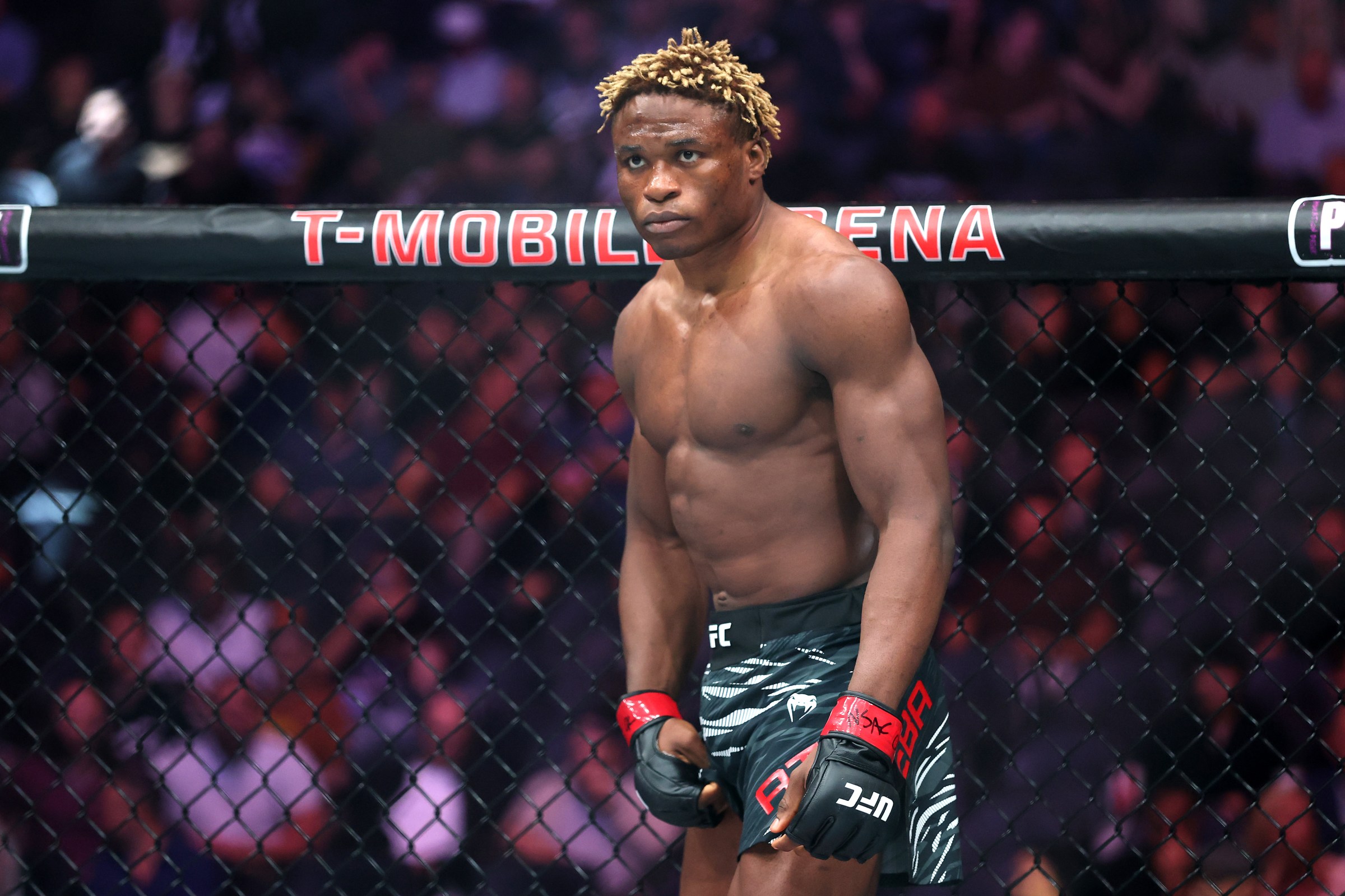 LAS VEGAS, NEVADA - OCTOBER 04: Ateba Gautier of Cameroon looks on against Tre’ston Vines of the United States during their middleweight bout in UFC 320: Ankalaev vs Pereira 2 at T-Mobile Arena on October 04, 2025 in Las Vegas, Nevada. (Photo by Sean M. Haffey/Getty Images)