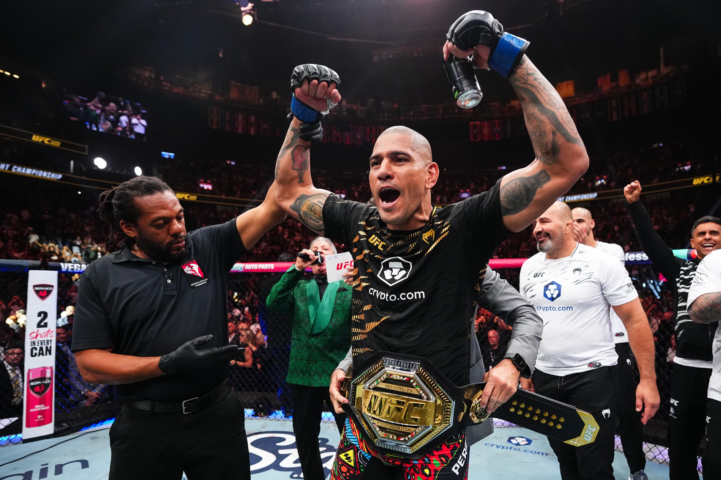 LAS VEGAS, NEVADA - OCTOBER 04: Alex Pereira of Brazil reacts to his win over Magomed Ankalaev of Russia in the UFC light heavyweight championship fight during the UFC 320 event at T-Mobile Arena on October 04, 2025 in Las Vegas, Nevada. (Photo by Jeff Bottari/Zuffa LLC)