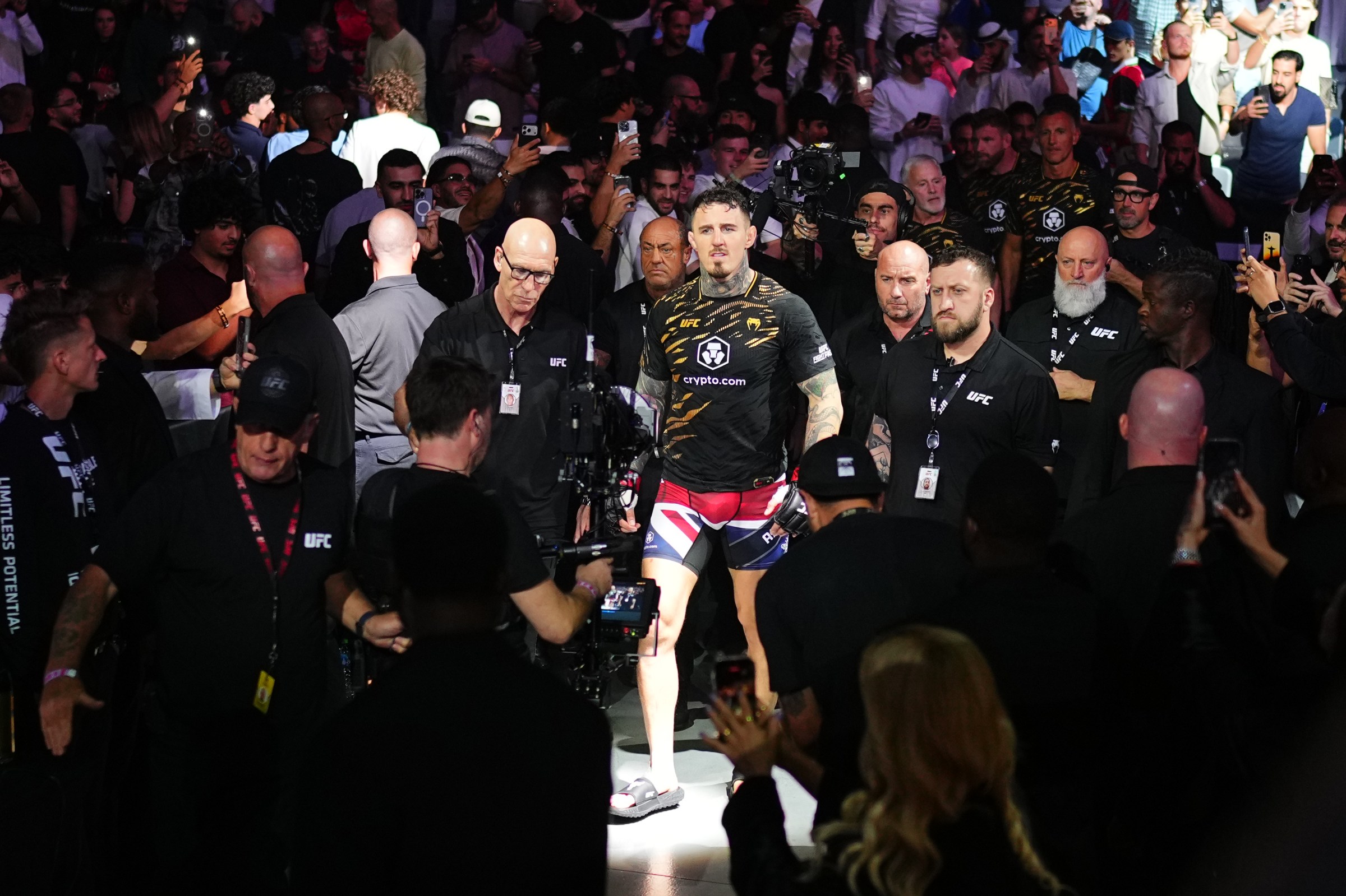 ABU DHABI, UNITED ARAB EMIRATES - OCTOBER 25: Tom Aspinall of England prepares to face Ciryl Gane of France in the UFC heavyweight championship fight during the UFC 321 event at Etihad Arena on October 25, 2025 in Abu Dhabi, United Arab Emirates. (Photo by Chris Unger/Zuffa LLC)
