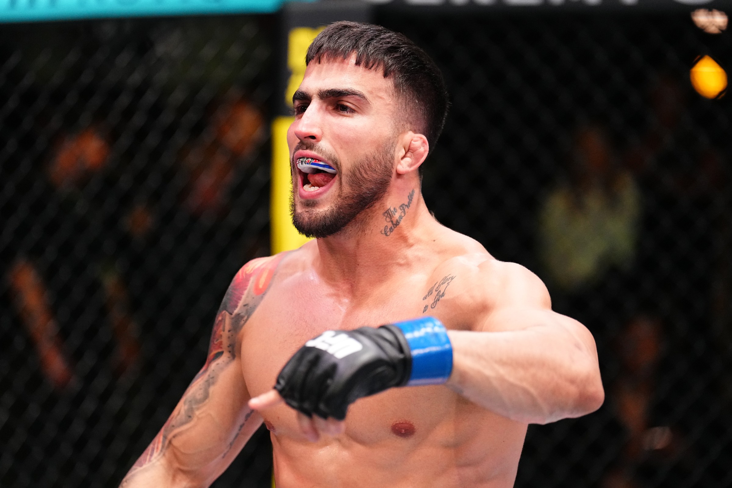 LAS VEGAS, NEVADA - NOVEMBER 01: Yadier del Valle of Cuba reacts after a submission victory against Isaac Dulgarian in a featherweight fight during the UFC Fight Night event at UFC APEX on November 01, 2025 in Las Vegas, Nevada. (Photo by Chris Unger/Zuffa LLC)