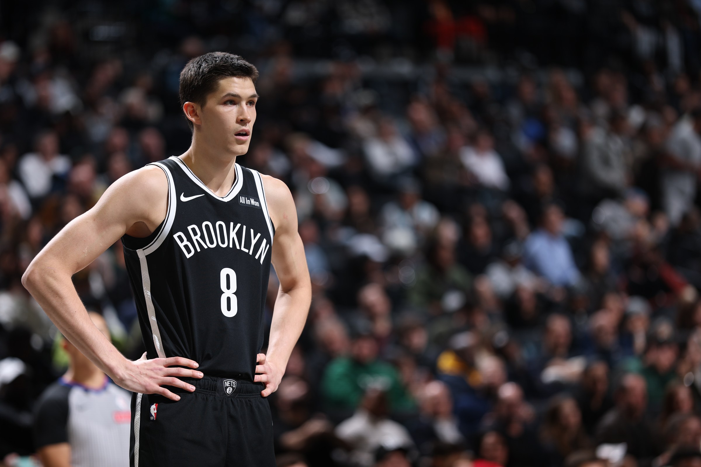 BROOKLYN, NY - DECEMBER 1: Egor Demin #8 of the Brooklyn Nets looks on during the game against the Charlotte Hornets on December 1, 2025 at Barclays Center in Brooklyn, New York. NOTE TO USER: User expressly acknowledges and agrees that, by downloading and or using this Photograph, user is consenting to the terms and conditions of the Getty Images License Agreement. Mandatory Copyright Notice: Copyright 2025 NBAE (Photo by David L. Nemec/NBAE via Getty Images)
