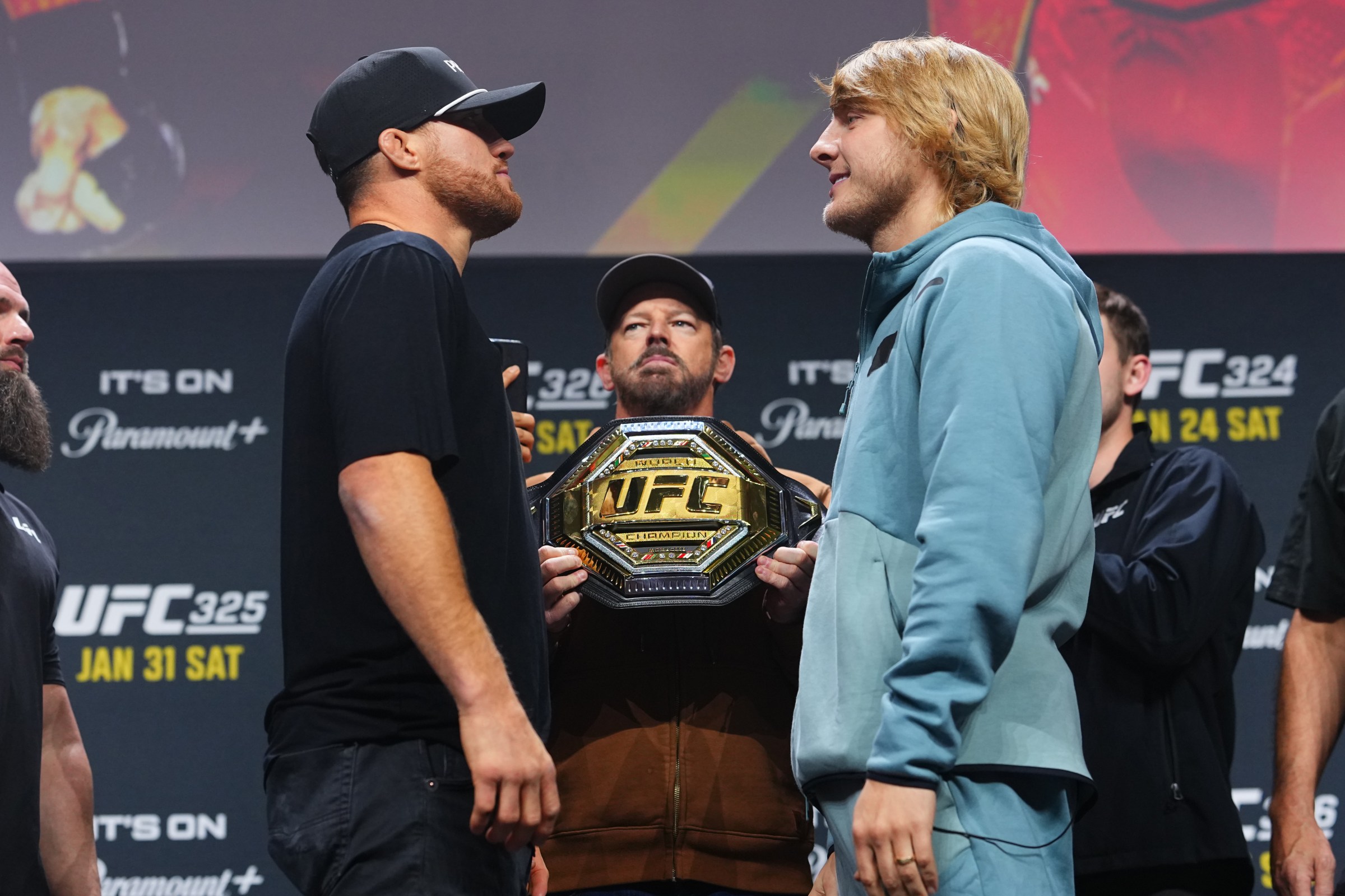 LAS VEGAS, NEVADA - DECEMBER 05: (L-R) Opponents Justin Gaethje and Paddy Pimblett face off during the UFC It’s On Seasonal Press Conference at T-Mobile Arena on December 05, 2025 in Las Vegas, Nevada. (Photo by Chris Unger/Zuffa LLC)
