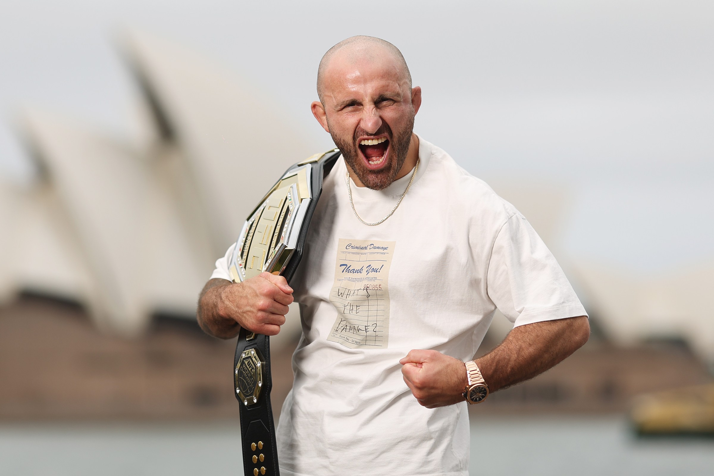 SYDNEY, AUSTRALIA - DECEMBER 10: UFC featherweight champion Alexander Volkanovski poses during a UFC 235 Media Opportunity at Hickson Rd Reserve on December 10, 2025 in Sydney, Australia. (Photo by Mark Metcalfe/Zuffa LLC)