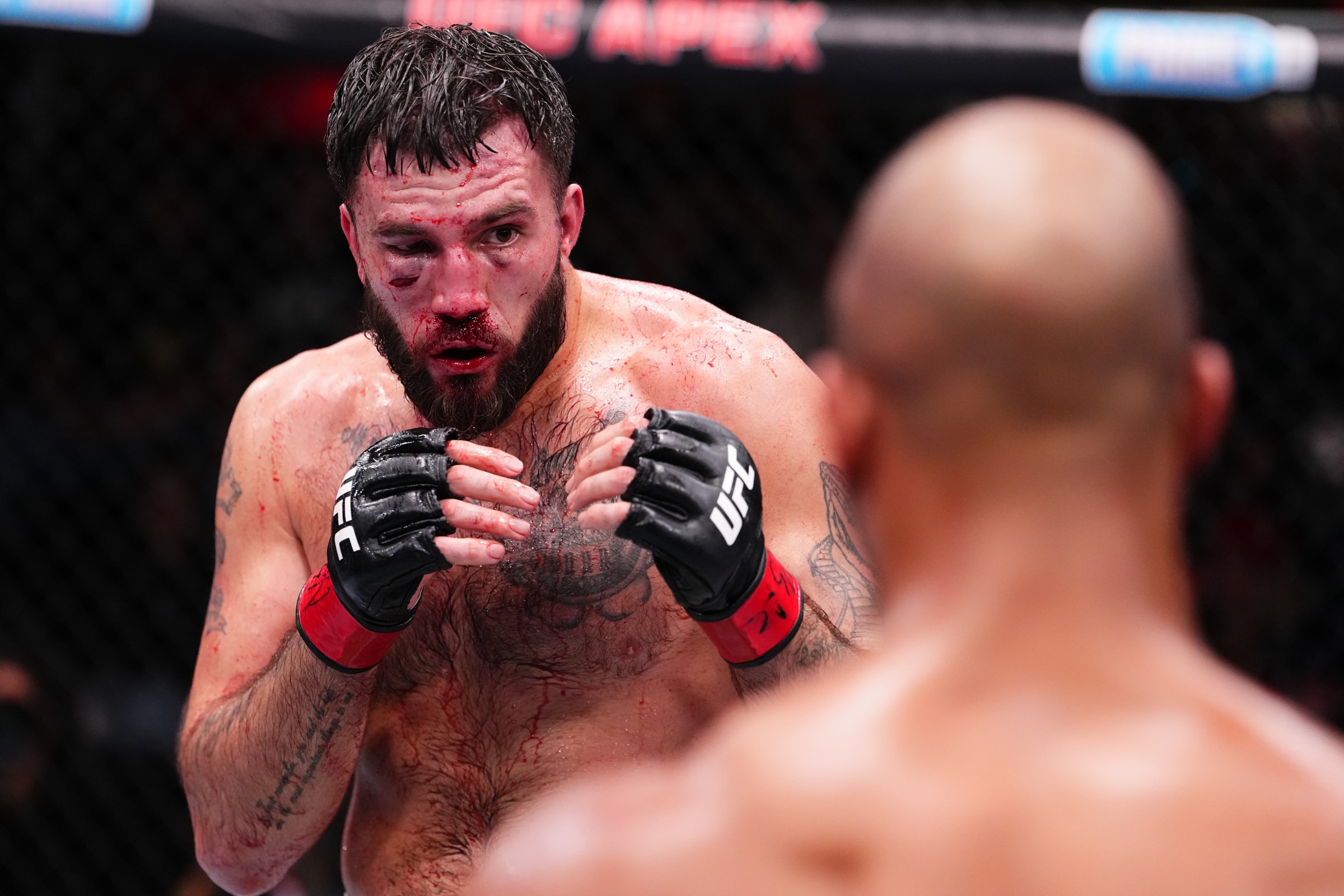 LAS VEGAS, NEVADA - DECEMBER 13: Allen Frye Jr. looks on against Guilherme Pat of Brazil in a heavyweight fight during the UFC Fight Night event at UFC APEX on December 13, 2025 in Las Vegas, Nevada. (Photo by Jeff Bottari/Zuffa LLC)