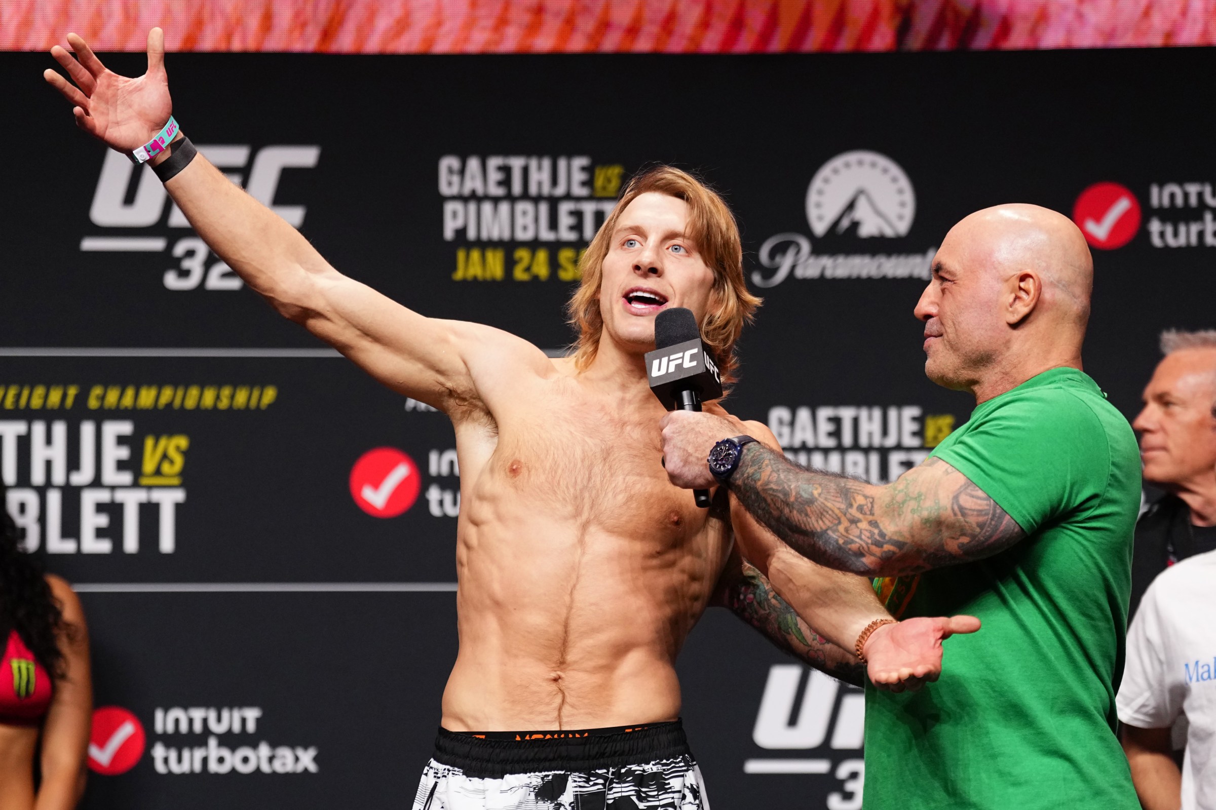 LAS VEGAS, NEVADA - JANUARY 23: Paddy Pimblett of England speaks with Joe Rogan during the UFC 324 ceremonial weigh-in at T-Mobile Arena on January 23, 2026 in Las Vegas, Nevada. (Photo by Jeff Bottari/Zuffa LLC)