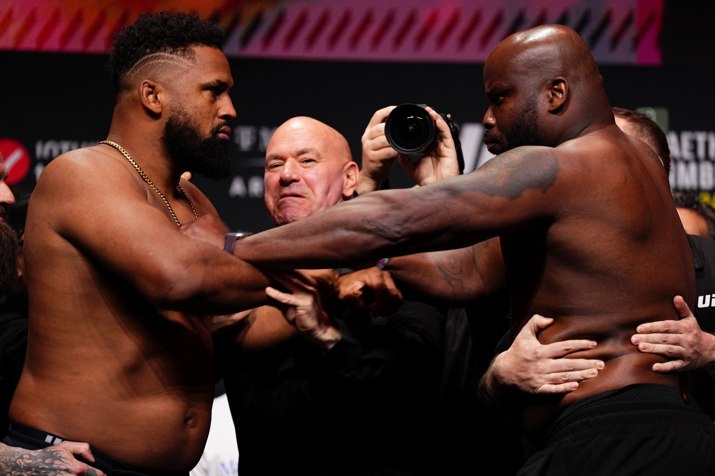 LAS VEGAS, NEVADA - JANUARY 23: Waldo Cortes Acosta of the Dominican Republic and Derrick Lewis face off during the UFC 324 ceremonial weigh-in at T-Mobile Arena on January 23, 2026 in Las Vegas, Nevada. (Photo by Jeff Bottari/Zuffa LLC)