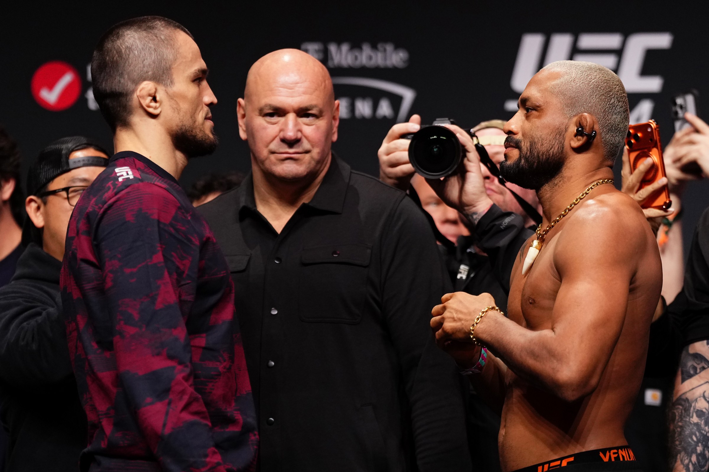 LAS VEGAS, NEVADA - JANUARY 23: (L-R) Umar Nurmagomedov of Russia and Deiveson Figueiredo of Brazil face off during the UFC 324 ceremonial weigh-in at T-Mobile Arena on January 23, 2026 in Las Vegas, Nevada. (Photo by Jeff Bottari/Zuffa LLC)
