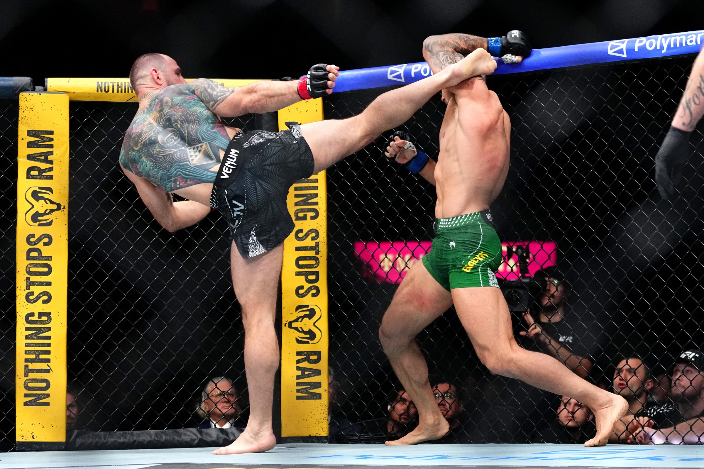 LAS VEGAS, NEVADA - JANUARY 24: (L-R) Nikita Krylov of Ukraine strikes Modestas Bukauskas of Lithuania in a light heavyweight bout during the UFC 324 event at T-Mobile Arena on January 24, 2026 in Las Vegas, Nevada. (Photo by Jeff Bottari/Zuffa LLC)