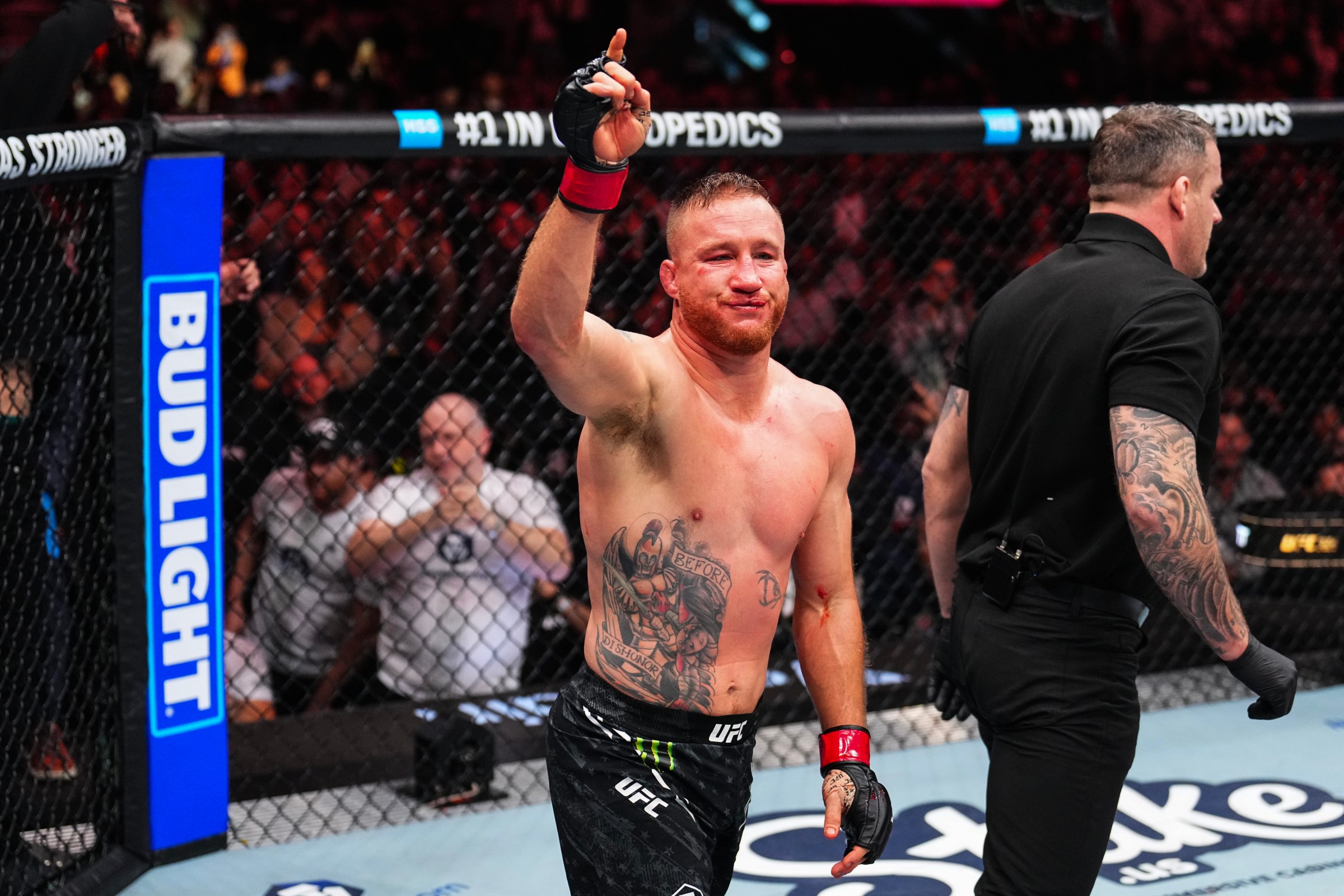 LAS VEGAS, NEVADA - JANUARY 24: Justin Gaethje reacts to the end of a round in the UFC lightweight interim championship bout during the UFC 324 event at T-Mobile Arena on January 24, 2026 in Las Vegas, Nevada. (Photo by Chris Unger/Zuffa LLC)