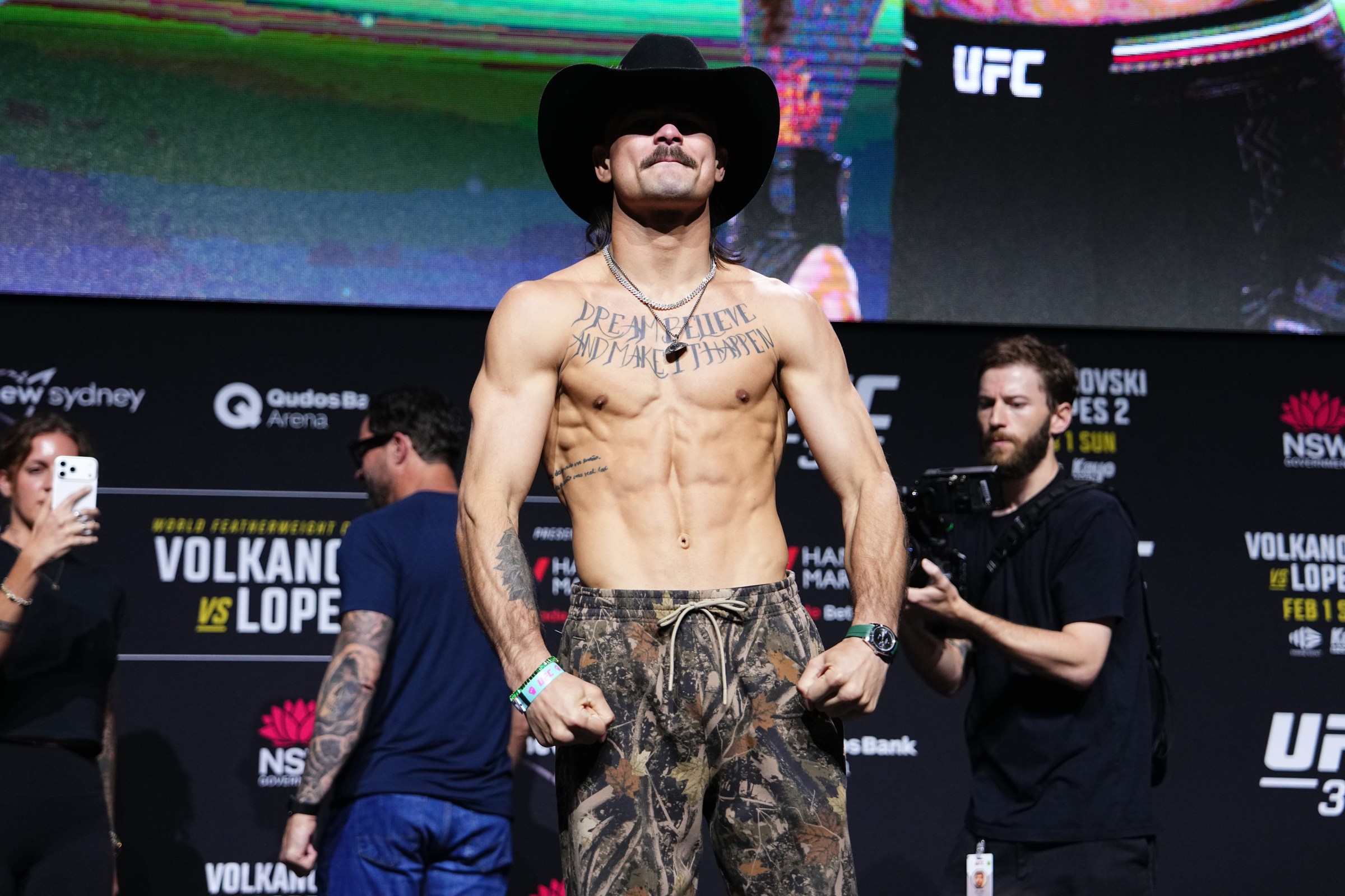 SYDNEY, AUSTRALIA - JANUARY 29: Diego Lopes of Brazil is seen on stage during the UFC 325 Press Conference at Sydney Event Centre on January 29, 2026 in Sydney, Australia. (Photo by Jeff Bottari/Zuffa LLC)
