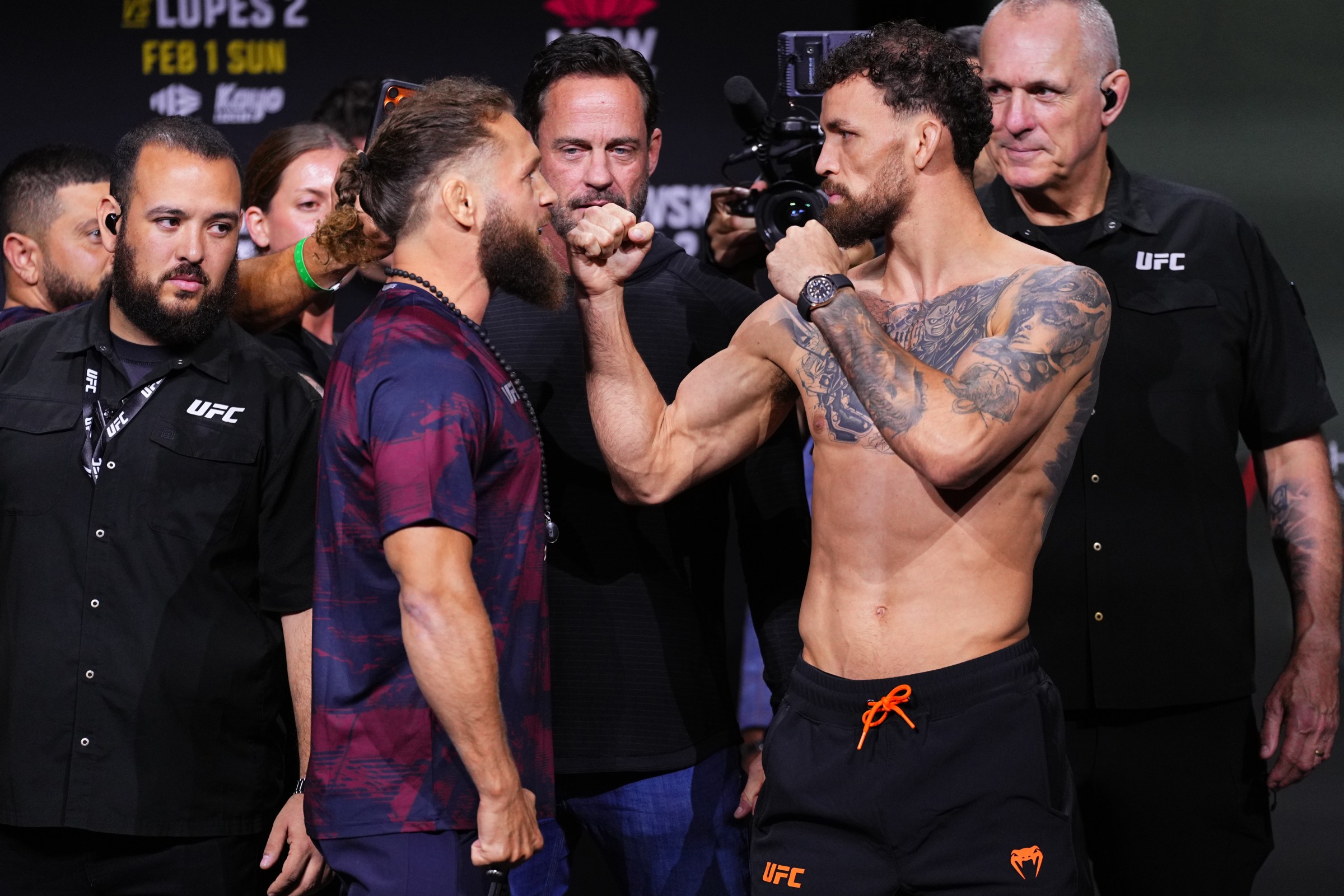 SYDNEY, AUSTRALIA - JANUARY 30: (L-R) Opponents Rafael Fiziev of Kazakstan and Mauricio Ruffy of Brazil face off during the UFC 325 Ceremonial Weigh-in at Qudos Bank Arena on January 30, 2026 in Sydney, Australia. (Photo by Jeff Bottari/Zuffa LLC)
