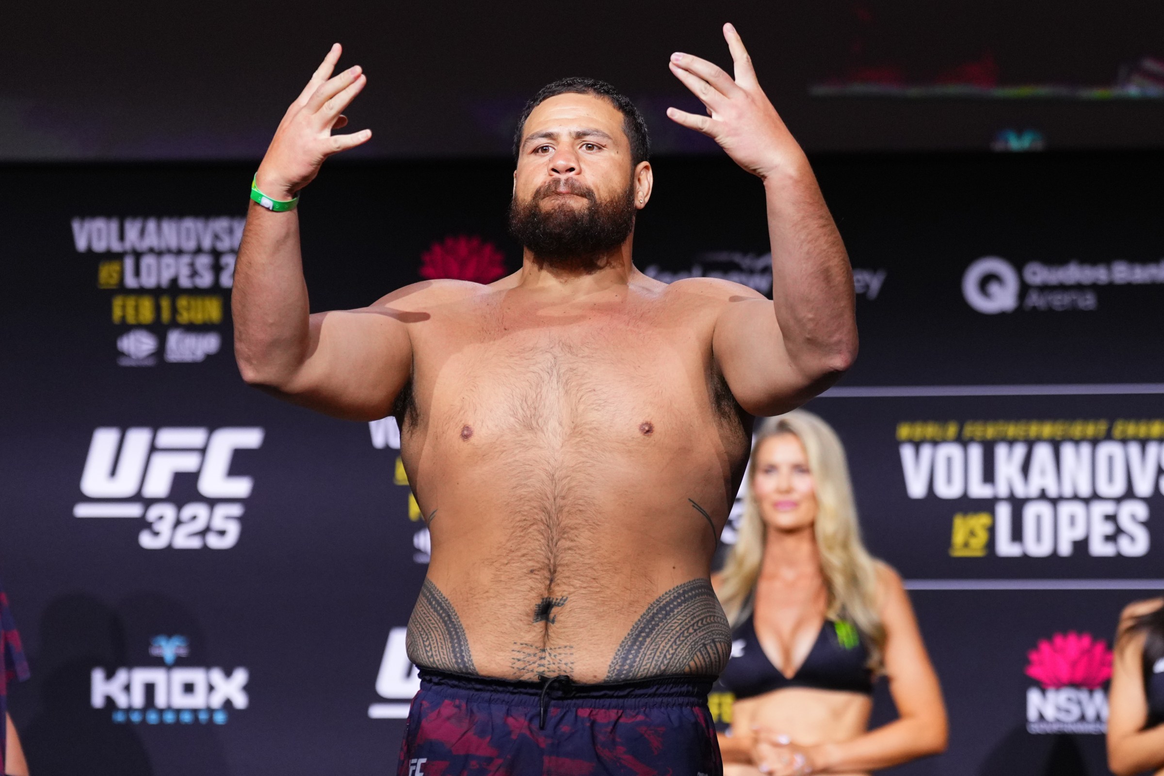 SYDNEY, AUSTRALIA - JANUARY 30: Tai Tuivasa of Australia poses on the scale during the UFC 325 Ceremonial Weigh-in at Qudos Bank Arena on January 30, 2026 in Sydney, Australia. (Photo by Jeff Bottari/Zuffa LLC)