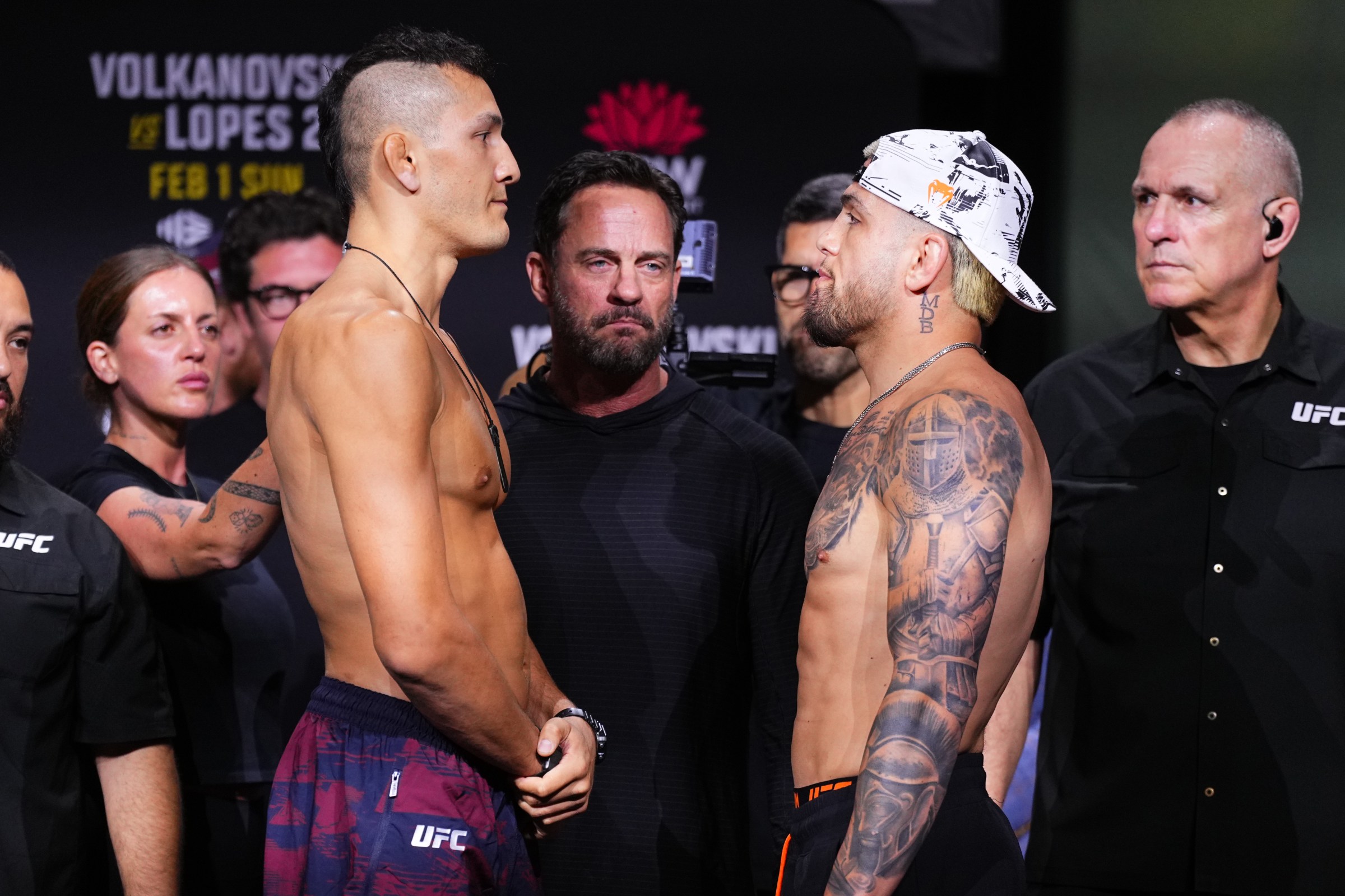 SYDNEY, AUSTRALIA - JANUARY 30: (L-R) Opponents Cam Rowston of Australia and Cody Brundage face off during the UFC 325 Ceremonial Weigh-in at Qudos Bank Arena on January 30, 2026 in Sydney, Australia. (Photo by Jeff Bottari/Zuffa LLC)