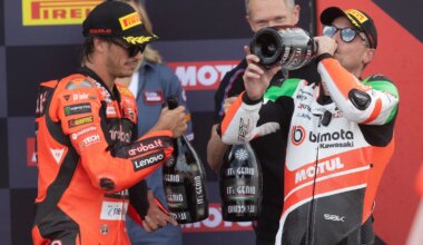 Alex Lowes, Nicolo Bulega, 2025 French WorldSBK, podium. Credit: Gold and Goose.