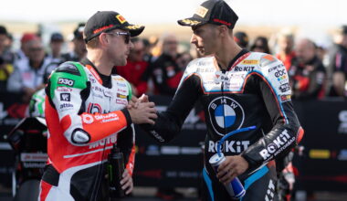 Alex Lowes and Toprak Razgatlioglu in parc ferme at 2025 French WorldSBK. Credit: Gold and Goose.