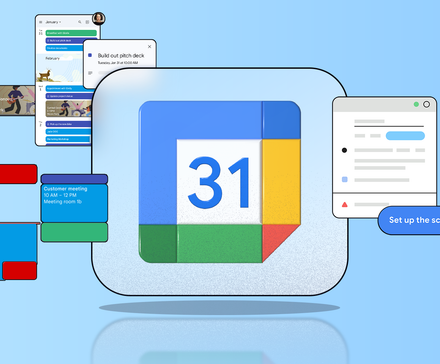 Google Calendar logo surrounded by floating schedule cards.