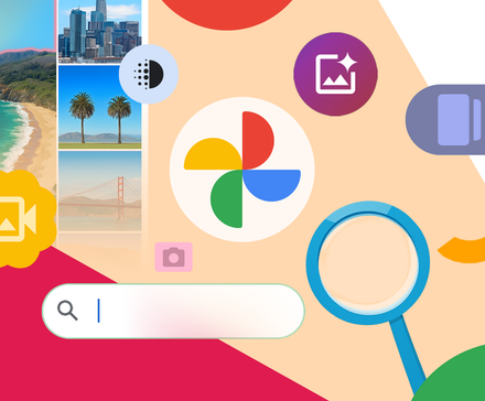 Google Photos logo surrounded by icons representing search, video and magic editing features.