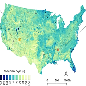 This product is national in scope and covers 7.3 M km2 yet provides detail at one arc-second (~30 m) resolution. Insets A and B demonstrate these changes in scale, starting at a pixel 100 km on a side, scaling down to show the range of water table depths (WTD) present in even a 1 km cell. Note the log scale in this figure. Credit: Princeton University