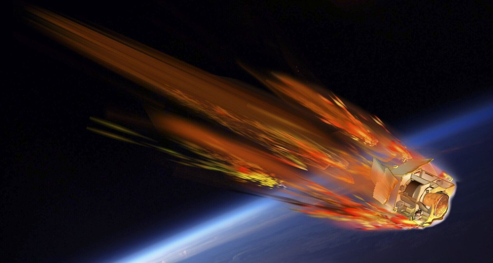 an illustration of a cube-shaped satellite burning and breaking apart into fragments as it falls onto Earth