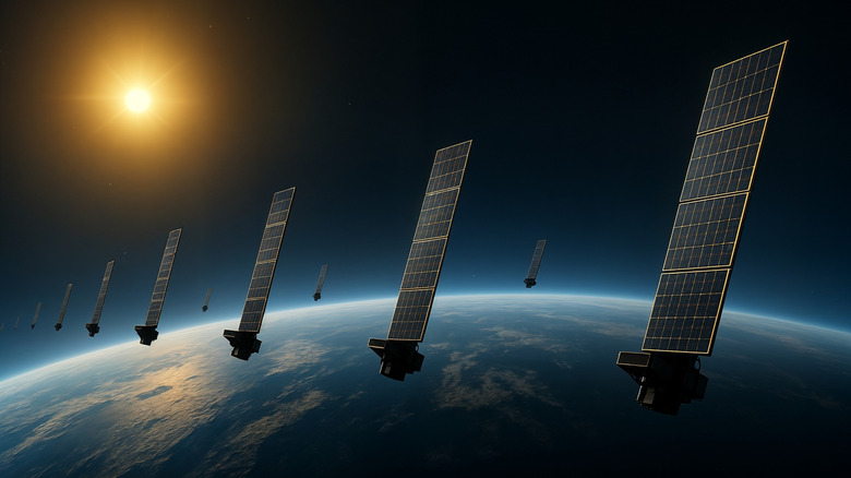 Artist's rendering of a satellite constellation in orbit