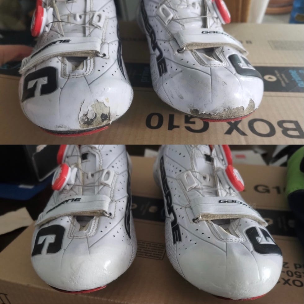comparison of worn cycling shoes with visible damage on the toes
