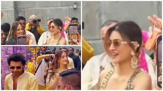 Kriti Sanon dances with Nupur and Stebin Ben at their haldi ceremony. 