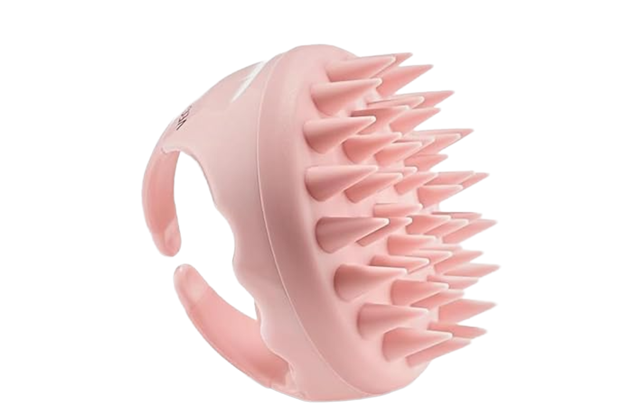 Pink, handheld scalp massager with spike-like bristles.