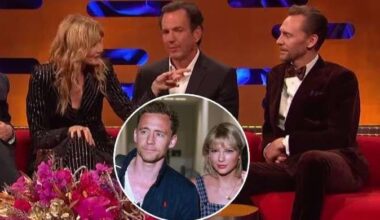 Tom Hiddleston listens to Laura Dern tell a story about his ex Taylor Swift