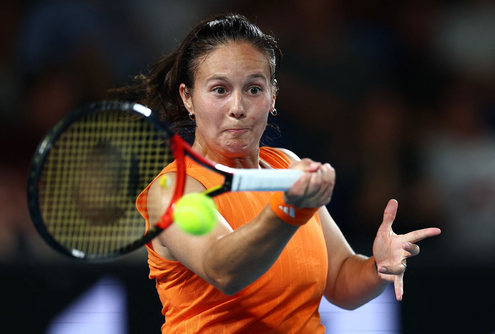 tennis player daria kasatkina smashes a forehand shot