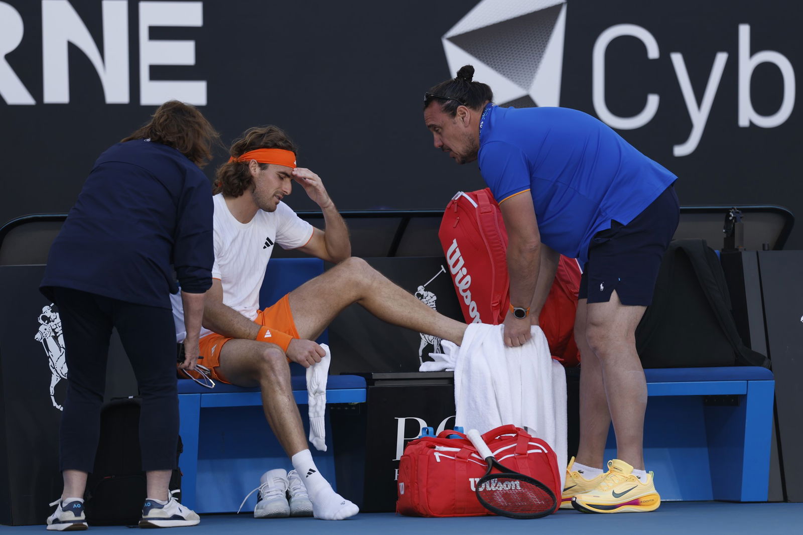 Stefanos Tsitsipas had his left foot tended to by a physio midway through the second set.