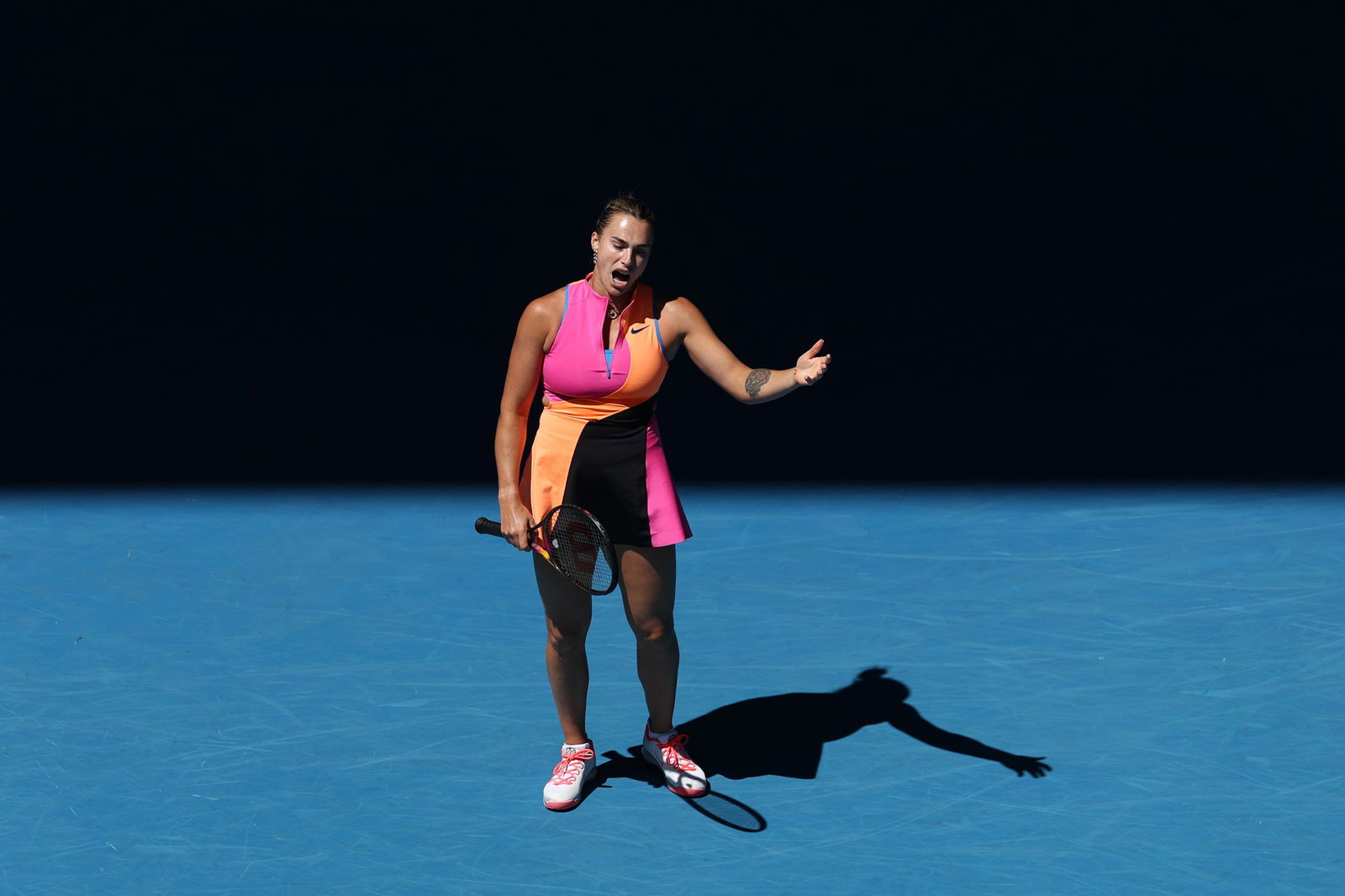 Aryna Sabalenka reacts in the Women's Singles Third Round against Anastasia Potapova of Austria during day six of the 2026 Australian Open at Melbourne Park on January 23, 2026 in Melbourne, Australia.