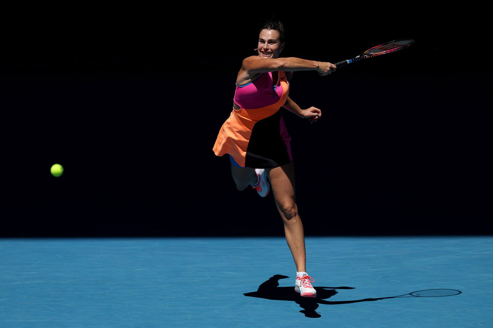Aryna Sabalenka plays a forehand against Anastasia Potapova of Austria in the Women's Singles Third Round during day six of the 2026 Australian Open at Melbourne Park on January 23, 2026 in Melbourne, Australia.