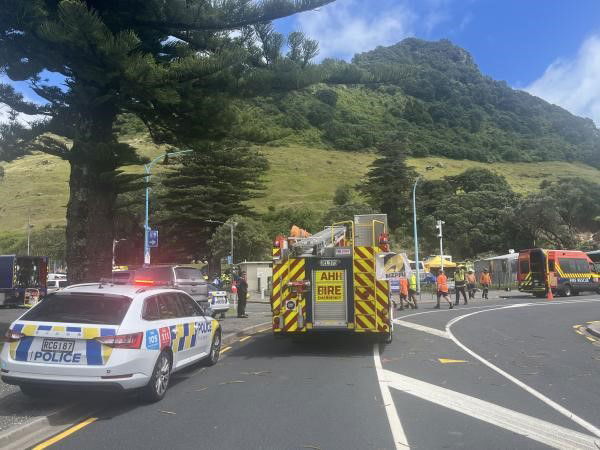 Police cars and fire trucks on the side of a road near a grassy hill