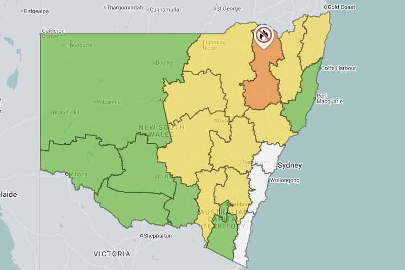 Maps showing parts of NSW with green, yellow and orange areas.