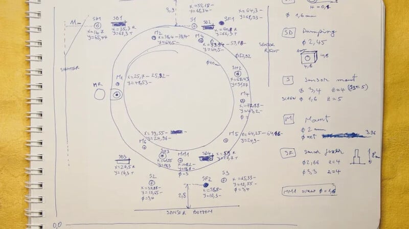A notebook page with a large hand-drawn circle, diagrams, and handwritten notes and calculations in blue ink, displayed on a yellow background. The page appears to detail technical or mechanical measurements.